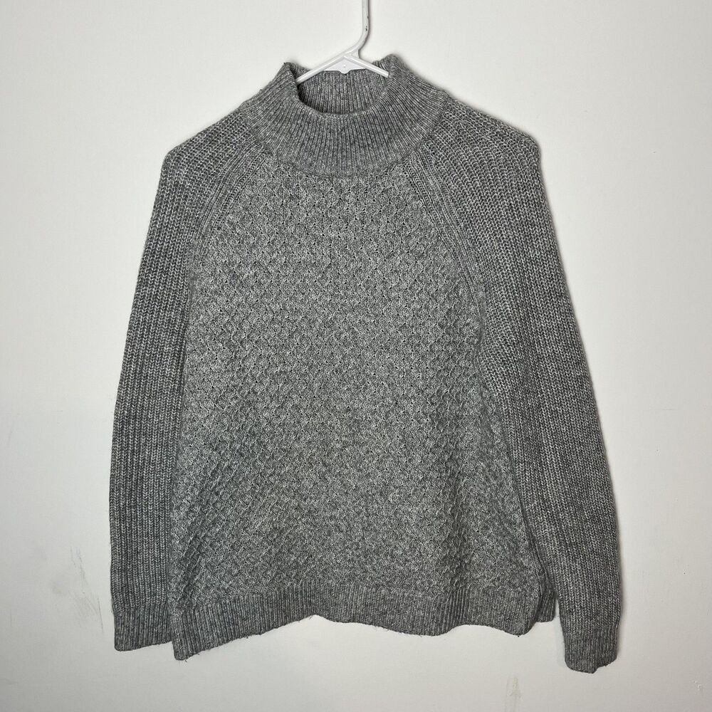 Talbots Sweater Womens Large Petite Gray Mock Neck Textured Knit Raglan Pullover
